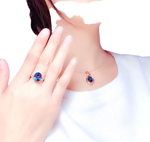 Blue Crystal Topaz Zircon Diamonds Gemstones Pendant Necklace