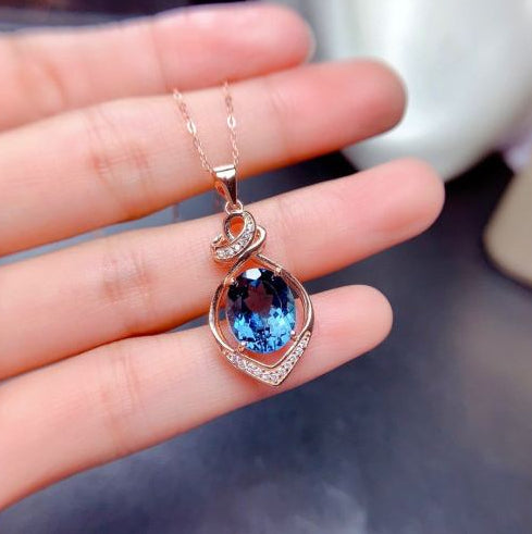 Blue Crystal Topaz Zircon Diamonds Gemstones Pendant Necklace