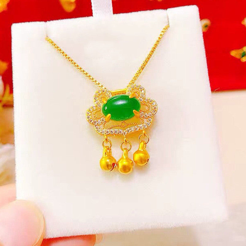 Brass Gold Plated Ruyi Lock Pendant With Gemstones