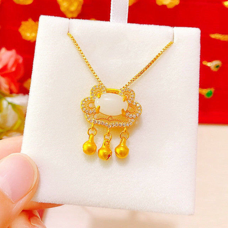 Brass Gold Plated Ruyi Lock Pendant With Gemstones