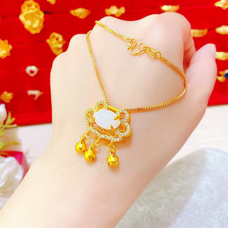 Brass Gold Plated Ruyi Lock Pendant With Gemstones