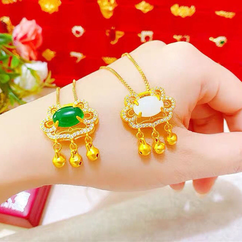 Brass Gold Plated Ruyi Lock Pendant With Gemstones