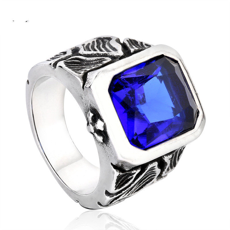 Vintage Stainless Steel Ring With Gemstones, Men's Fashion Ring