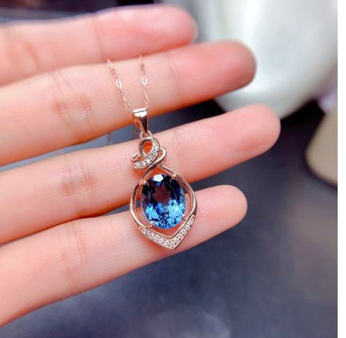 Blue Crystal Topaz Zircon Diamonds Gemstones Pendant Necklace