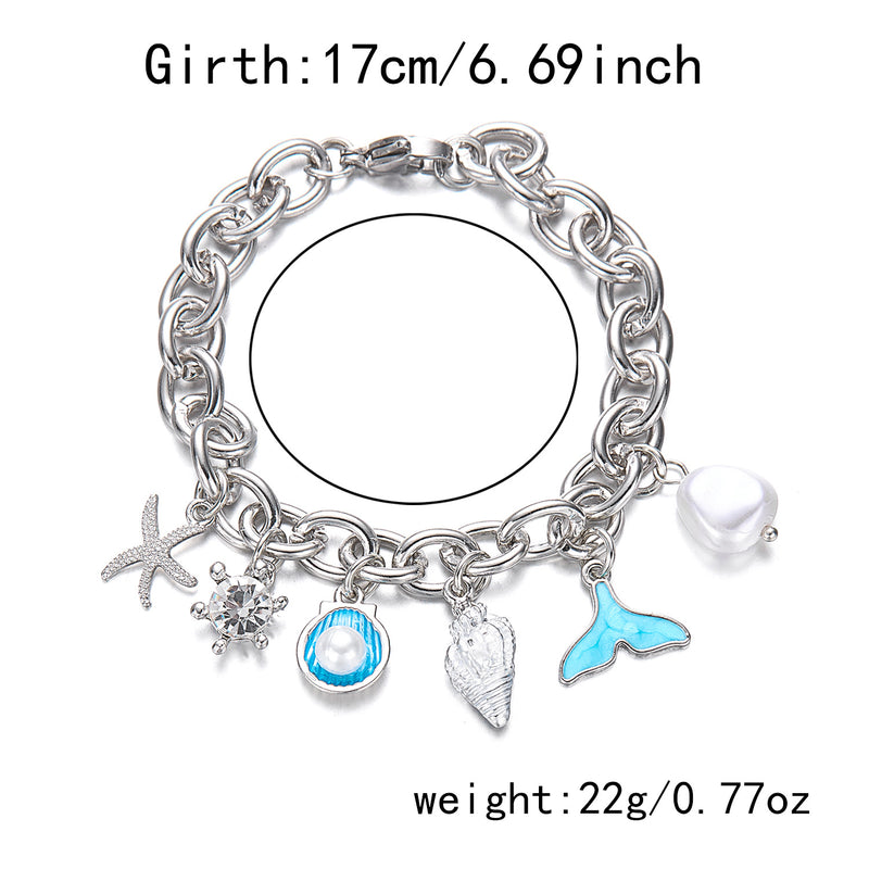 Women's Fashion Starfish Pearl Shell Fishtail Multi-pendant Necklace Bracelet