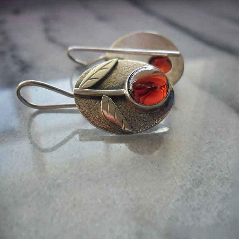 Carved Floral Green Leaf Earrings With Red Gemstones