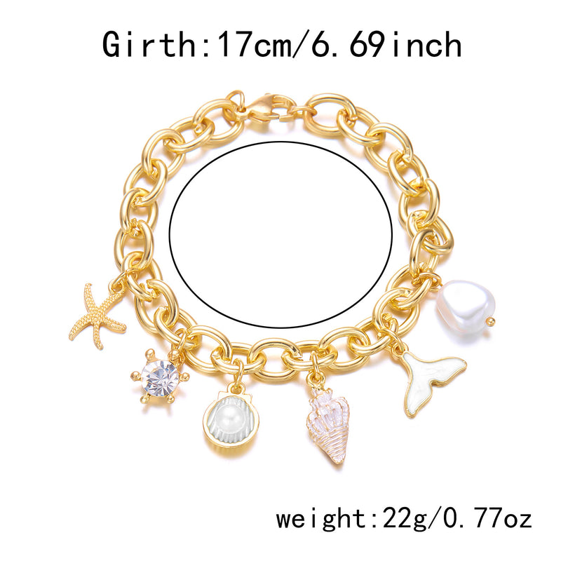 Women's Fashion Starfish Pearl Shell Fishtail Multi-pendant Necklace Bracelet
