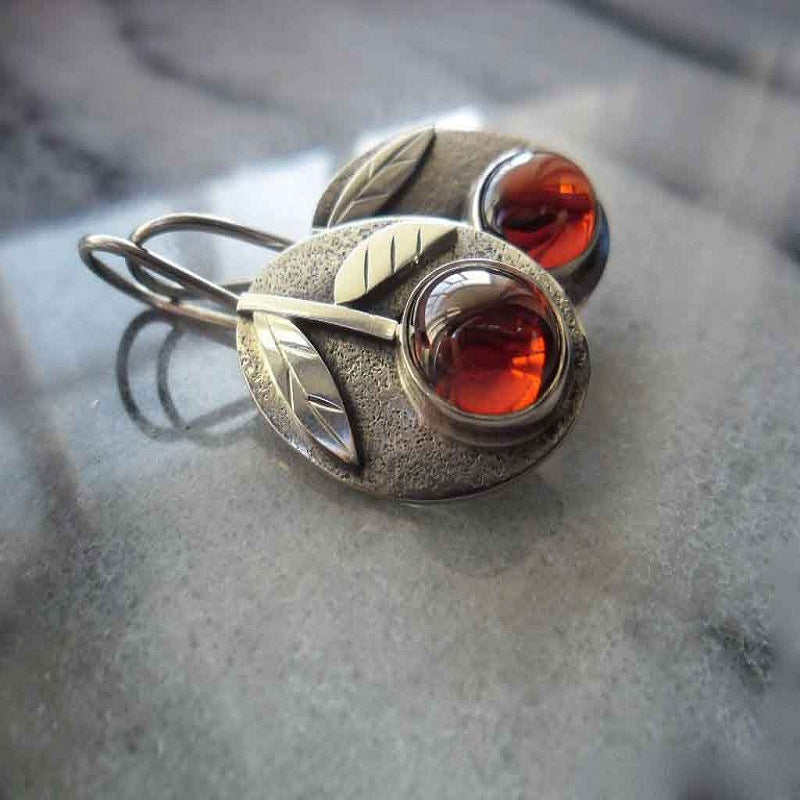 Carved Floral Green Leaf Earrings With Red Gemstones