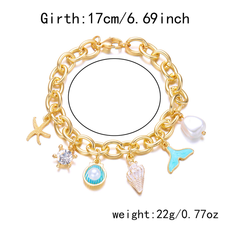 Women's Fashion Starfish Pearl Shell Fishtail Multi-pendant Necklace Bracelet