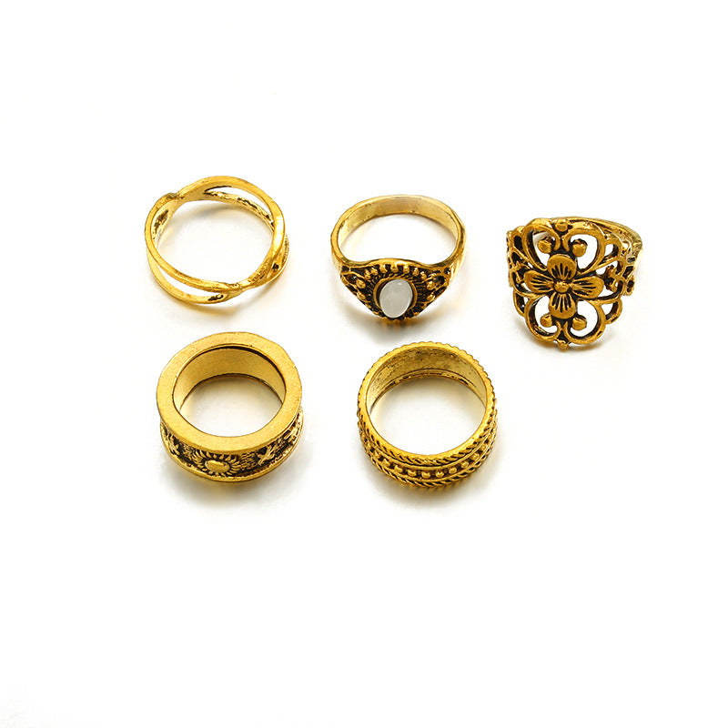 5-piece Set Of Vintage Hollow Carved Patterns And Inlaid Gemstones