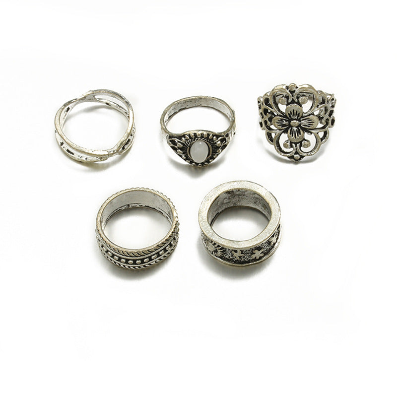 5-piece Set Of Vintage Hollow Carved Patterns And Inlaid Gemstones